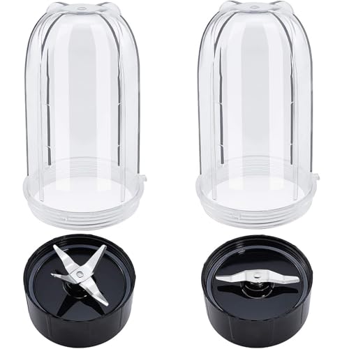Qklyxr 2er-Pack hohe Becher mit 473 ml Fassungsvermögen und Kombination aus Kreuz- und Flachklinge, kompatibel mit Magic Bullet, Mixer, Entsafter 250 W MB-1001 Mixerklinge von Qklyxr