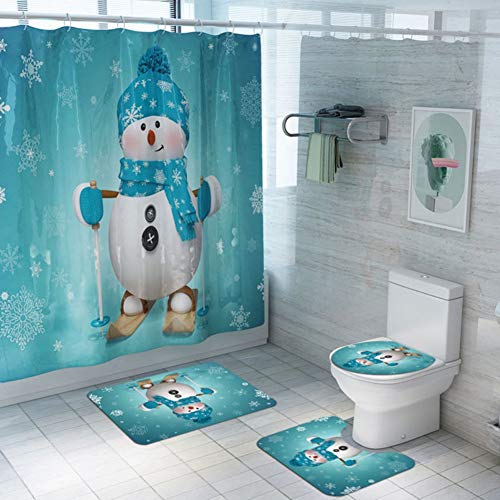 Qlans 4 Stück Weihnachten Badezimme Sets,Duschvorhang,Badematten,Toilettenmatte Sitzbezug, Contour Mat von Qlans
