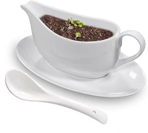 Qlans Sauciere mit Schöpfkelle und Untertasse, 482 ml, Keramik-Saucenboot mit Tablett für Salatdressings, Milch, schwarzer Pfeffer, weiß (1 Stück neue Sauciere mit Schöpfkelle und Untertasse) von Qlans