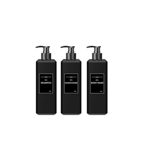 QlyYea Seifenspender Schwarz Matt, 3 Stück 500ml Shampoo Flaschen zum Befüllen, Seifenspender Kunststoff Mit Aufklebern für Küche und Badezimmer, Schwarz Matt von QlyYea