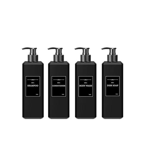 QlyYea Shampoo Flaschen zum Befüllen, 4 Stück 500ml Seifenspender Schwarz Matt, Spülmittelspender Kunststoff Mit Aufklebern für Küche und Badezimmer, Schwarz Matt von QlyYea