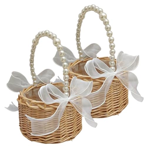 Blumenmädchenkorb Set aus 2 kleinen Korbkorb mit Griff Hochzeitsblumenmädchen Korb Korb Rattan Blumenkorb mit Perlengriff Osternkorb von QmjdDymx