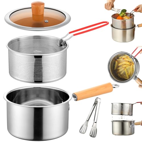 Bratopf, 304 Edelstahl -Fritteuse -Topf mit Siebkorb und Griff, Mini Herd Top Frittyer mit sichtbarem Deckel und Zange für Braten -Fisch -Garnelen -Pommes, Herd Top Fryer Mini Friteuse von QmjdDymx