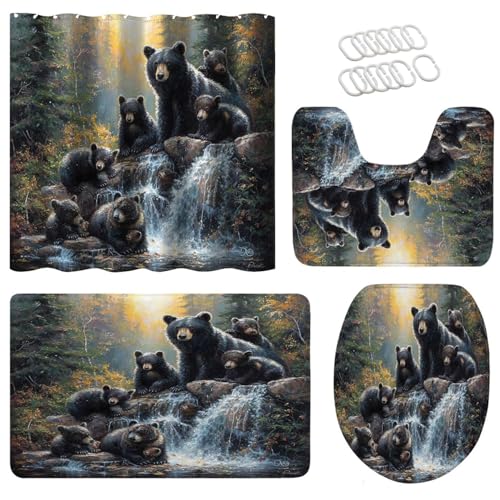 Duschvorhangsets mit Teppichen, 4pcs Waldbären-Badezimmerset, Duschvorhang mit Haken, Badematte, Toilettendeckelabdeckung, U-Formenteppich, wasserdichtes Badezimmerdekoration von QmjdDymx