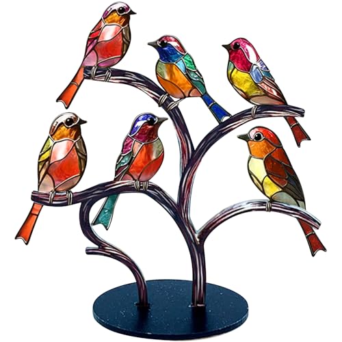 QmjdDymx Buntglasvögel auf AST, Acryl-Kunst-Vogelskulptur, 6 Vögel auf einem AST, handgefertigte Buntglas-Vögelfiguren mit Sockel, Tischornamente für Heim- und Bürodekoration von QmjdDymx