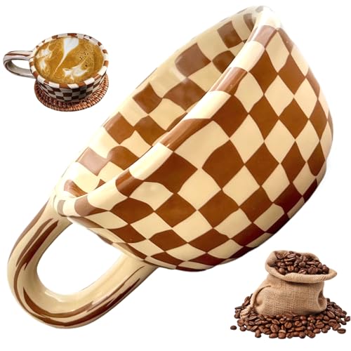 QmjdDymx Checkerboard Kaffeetasse, karierte Keramik -Kaffeetasse 170 ml, braunes Schachbrettdesign mit Griff, einfach sauber für Büro -Hausdekoration, Hauswarming von QmjdDymx