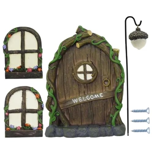 QmjdDymx Feenentür für Baumstamm, Feengarten -Kit, Harzfenster und Tür für Baumstamm, im dunklen Haus mit Laterne, Accessoires für Rasen, Hof leuchten von QmjdDymx