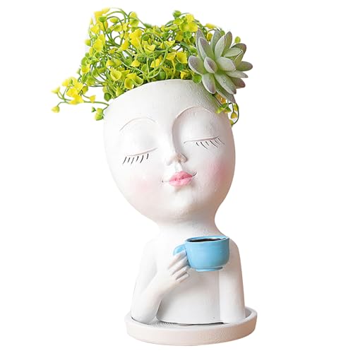QmjdDymx Gesicht Pflanzer Töpfe Kopf, Dame trinkt Kaffee Gesicht Pflanzer mit Tablett, 4x7, 8 Zoll wasserdicht von QmjdDymx