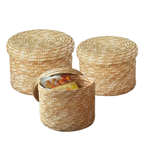 QmjdDymx Gewebte Aufbewahrungskörbe Strohspeicher Körbe mit Deckel gewebten Organizer Runde Abschlussbox für Schlafzimmer Wohnzimmer Wäscherei Snack 3pcs, Aufbewahrungsboxen QmjdDymx Gewebte Aufbewahrungskörbe Strohspeicher Körbe mit Deckel gewebten Organizer Runde Abschlussbox für Schlafzimmer Wohnzimmer Wäscherei Snack 3pcs, Aufbewahrungsboxen von QmjdDymx