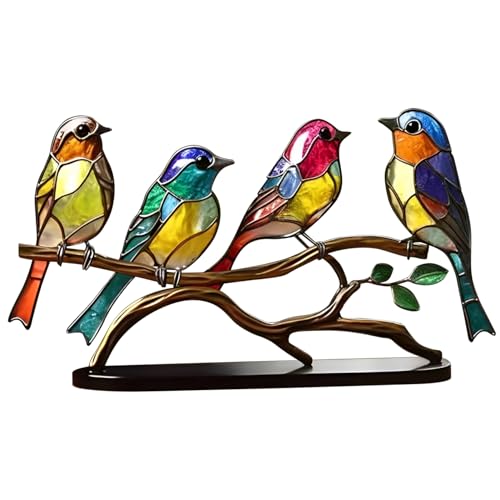 QmjdDymx Glasmalerei Vögel auf Zweig, Acryl Kunst Vogel Skulptur 4 Vögel auf einem Zweig handgemachte Glasmalerei Vögel Figuren mit Sockel Tabletop Ornamente für Heimbüro Dekoration von QmjdDymx