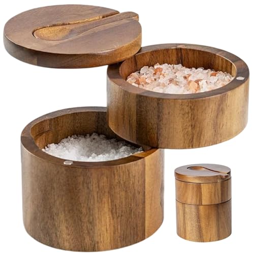 QmjdDymx Salzbehälter, 2 Schicht Holz Salzkastenbehälter, staubdichter tragbarer Halter mit integriertem Löffel und magnetischer Schwenkdeckel für die Küche von QmjdDymx