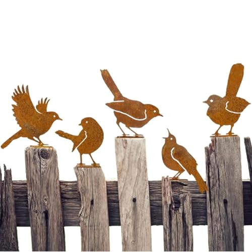QmjdDymx Zauntopper, 5pcs rostige Vogel -Metallgarten -Einsätze, Tierkunststatuen mit Schrauben für Outdoor -Dekor in Feldern, Gärten, Parks, Hotels von QmjdDymx