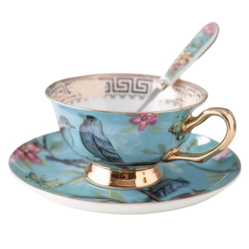 Tee Tasse und Untertasse, Vintage Bone China Tea Tasse und Untertassen -Set für 1 (250 ml), Vögel Bäume, für Kaffee, Küchentischdekoration von QmjdDymx