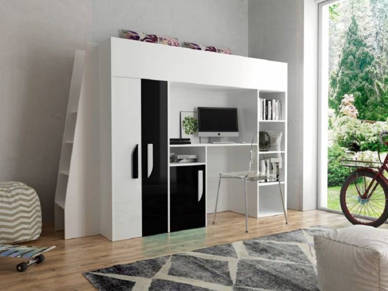 QMM TraumMöbel Hochbett PARIS 5 mit Schreibtisch Schrank Regal und Treppe Hochglanz (Bett mit Treppe, Schreibtisch, Regal) mit Schreibtisch, Schrank und Regal von Qmm Traummöbel