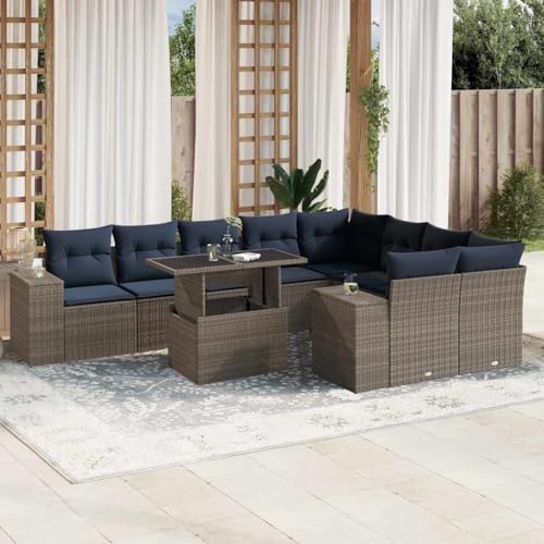 Qnhdfrt 10-TLG Gartensofa Set Grau Polyrattan mit höhenverstellbarem Glastisch und dicken Sitzkissen platzsparend für Garten Terrasse Balkon von Qnhdfrt