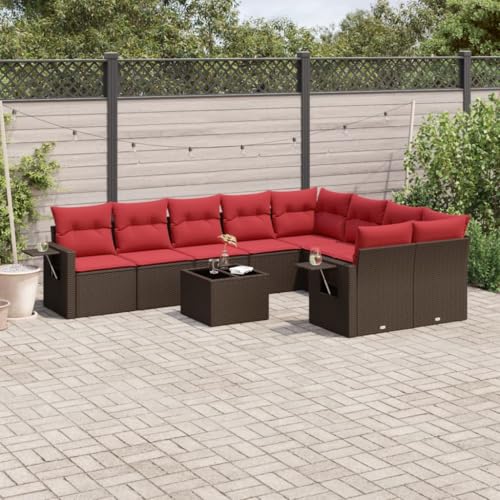 Qnhdfrt 10-TLG Gartensofa Set Polyrattan Braun 62x62x69 cm klappbare Beistelltische Hartglas Gartentisch 110 kg Belastbar Modular Balkonmöbel für Garten Terrasse Balkon von Qnhdfrt