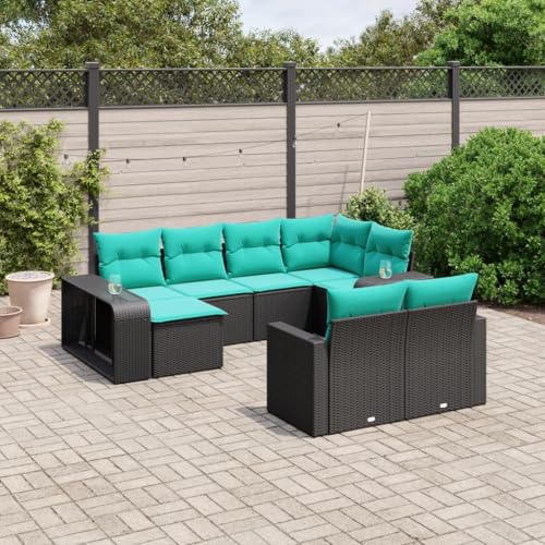 Qnhdfrt 10-Teiliges Gartengarnitur aus Schwarzem Polyrattan mit Blauen Kissen Modular Outdoor Sofa Sitzgruppe Ecksofa Hocker Ablage 65x62x69 cm Robust für Balkon Terrasse Garten von Qnhdfrt