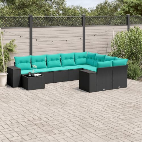 Qnhdfrt 10-Teiliges Gartensofa-Set Schwarz aus wetterfestem Polyrattan mit Glastisch 55x55 cm & waschbaren Kissen Moderne Sitzgruppe für Balkon Terrasse Gartenlounge Outdoor von Qnhdfrt