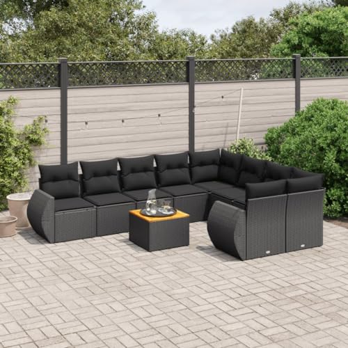 Qnhdfrt 10 teilige Garten Sofagarnitur Set Schwarz PE Rattan mit Kissen Akazienholz Tisch Stauraum für Terrasse Garten und Balkon von Qnhdfrt