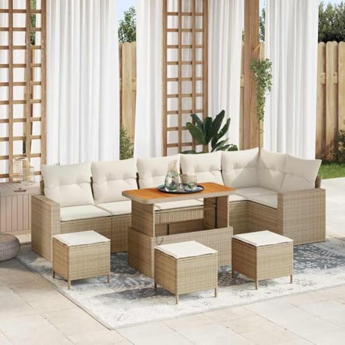 Qnhdfrt 10-teiliges Garten Sofaset aus Natur Rattan in Beige mit Akazienholzplatte – Modernes Design für Terrasse und Garten von Qnhdfrt