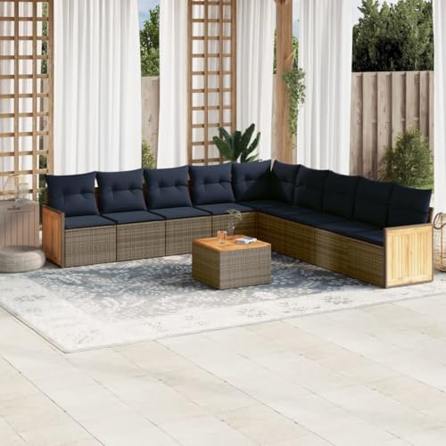 Qnhdfrt 10-teiliges Gartensofa Set 55x55 cm Polyrattan Grau mit Akazienholztisch platzsparend modular für Garten Balkon Terrasse und kleine Balkone von Qnhdfrt