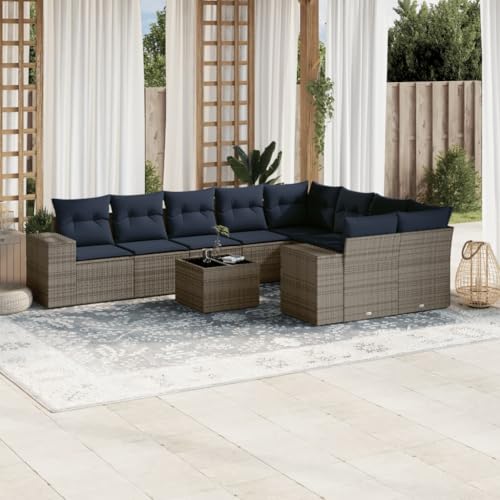 Qnhdfrt 10-teiliges Gartensofa Set Polyrattan Grau mit Glastisch 55x55cm modulare Sitzgruppe Outdoor Balkon Terrasse Modernes Design platzsparend für kleine Gärten Balkone Lounge von Qnhdfrt