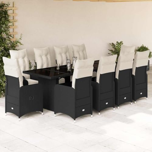 Qnhdfrt 11-TLG Gartenmöbel Set Schwarz Cremeweiß Poly Rattan Bistro Sitzgruppe mit 10 verstellbaren Stühlen 240 x 90 cm Tisch für Balkon Terrasse Garten von Qnhdfrt