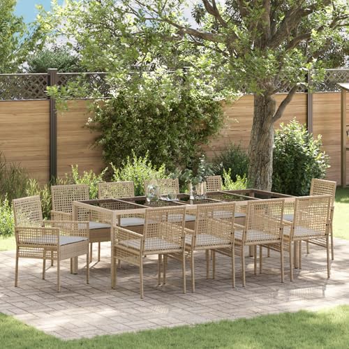 Qnhdfrt 11-TLG. Garten-Essgruppe mit Kissen Beige Poly Rattan Rechteckig Modernes Design Wetterbeständig für Garten Terrasse 10-Sitzer Set von Qnhdfrt