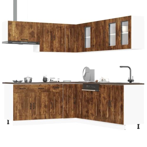 Qnhdfrt 11-TLG. Küchenschrank-Set Kalmar Räuchereiche Holzwerkstoff und Glas mit viel Stauraum und verstellbaren Füßen für Kücheneinrichtung von Qnhdfrt