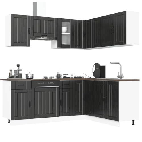Qnhdfrt 11-TLG. Küchenschrank-Set Kalmar Schwarz aus Holzwerkstoff und Glas, Elegantes Design mit viel Stauraum für Küchenunterschränke und Hängeschränke, Optimiert für Küchenorganisation von Qnhdfrt