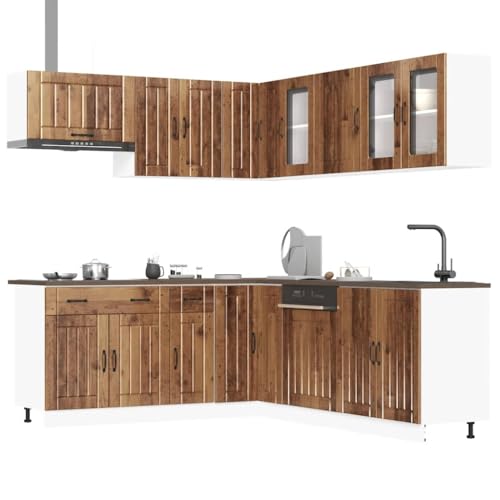 Qnhdfrt 11-TLG. Küchenschrank-Set Lucca in Altholz-Optik aus Holzwerkstoff und Glas für Küchenorganisation mit viel Stauraum und höhenverstellbaren Füßen von Qnhdfrt