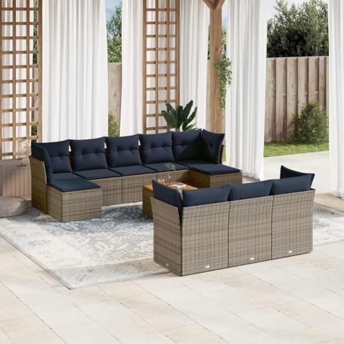 Qnhdfrt 11-Teiliges Gartenmöbel Set aus Polyrattan mit Akazienholzplatte Modulare Gartenlounge Sitzgruppe Outdoor mit Stauraum 110 kg Belastbar Grau für Balkon Terrasse und kleine Gärten von Qnhdfrt