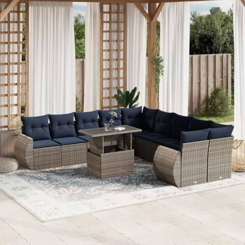 Qnhdfrt 11-Teiliges Gartensofa Set Polyrattan mit höhenverstellbarem Tisch 100x55 cm grau marineblaue Kissen Modernes Outdoor Lounge Set Sitzgruppe für Balkon Terrasse Garten von Qnhdfrt