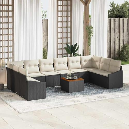 Qnhdfrt 11 teiliges Garten Sofa Set Schwarz aus Poly Rattan mit Kissen und Gartentisch für 10 12 Personen Indoor Outdoor Lounge Möbel von Qnhdfrt