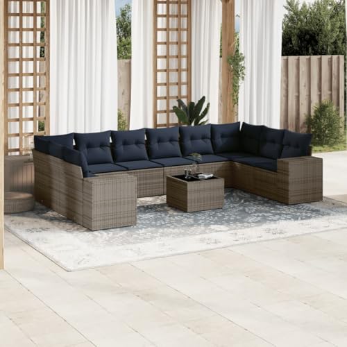 Qnhdfrt 11-teiliges Gartensofa Set Polyrattan Grau Marineblau 110 kg Tragkraft modular für Terrasse Balkon und Gartenlounge von Qnhdfrt