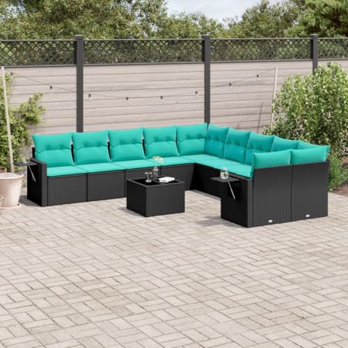 Qnhdfrt 11-teiliges Gartensofa Set schwarzes Polyrattan mit blauen Kissen 62x62x69 cm modular Gartengarnitur mit Glastisch platzsparend und wetterfest für Balkon Terrasse und kleine Flächen von Qnhdfrt