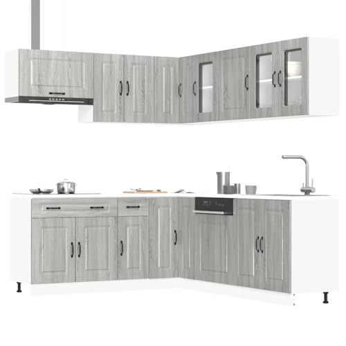 Qnhdfrt 11-teiliges Küchenschrank-Set Kalmar Grau Sonoma aus Holzwerkstoff und Glas für Küchen mit viel Stauraum und verstellbaren Füßen – Elegantes Design zur Raumoptimierung von Qnhdfrt