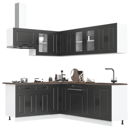 Qnhdfrt 11-teiliges Küchenschrank-Set Kalmar Schwarz aus Holzwerkstoff und Glas mit verstellbaren Füßen viel Stauraum und eleganter Optik für funktionale Kücheneinrichtung von Qnhdfrt