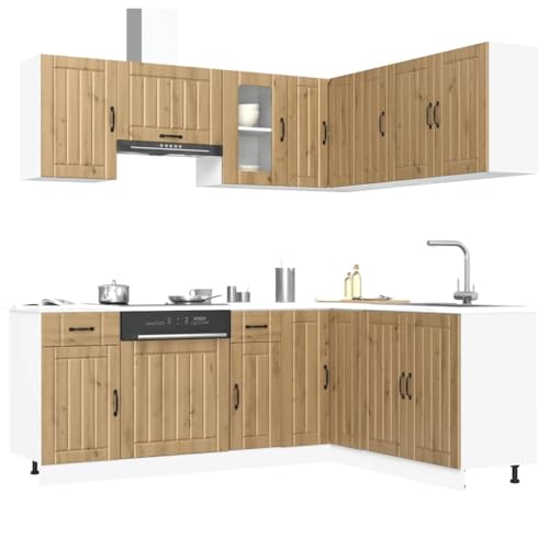 Qnhdfrt 11-teiliges Küchenschrank-Set Lucca Artisan-Eiche aus Holzwerkstoff und Glas mit verstellbaren Füßen für optimale Küchenorganisation viel Stauraum Elegantes Design von Qnhdfrt