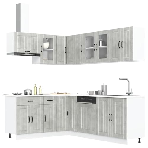Qnhdfrt 11-teiliges Küchenschrank-Set Lucca Betongrau aus Holzwerkstoff und Glas mit viel Stauraum und verstellbaren Füßen für Moderne Küchen von Qnhdfrt