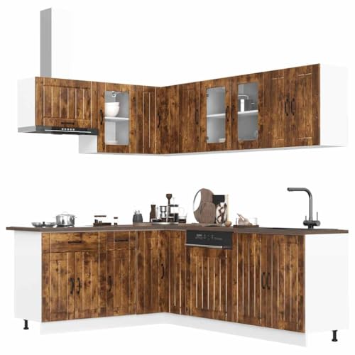 Qnhdfrt 11-teiliges Küchenschrank-Set Lucca in Räuchereiche aus Holzwerkstoff und Glas mit verstellbaren Füßen für Küchenorganisation und großen Stauraum von Qnhdfrt