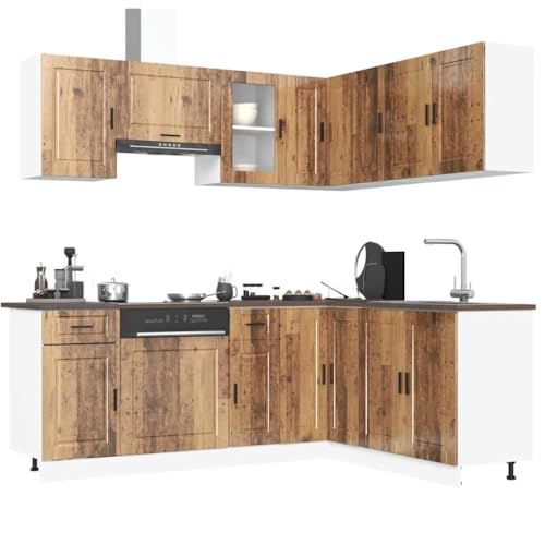 Qnhdfrt 11-teiliges Küchenschrank-Set Porto Altholz-Optik aus Holzwerkstoff und Glas – Küchenzeile mit elegantem Design, viel Stauraum und verstellbaren Füßen für optimale Küchenorganisation von Qnhdfrt