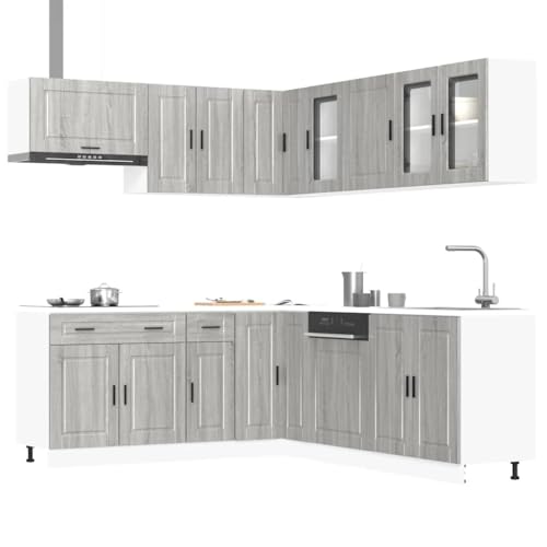 Qnhdfrt 11-teiliges Küchenschrank-Set Porto Grau Sonoma aus Holzwerkstoff und Glas mit elegantem Design verstellbaren Füßen und viel Stauraum für Ihre Küchenorganisation von Qnhdfrt