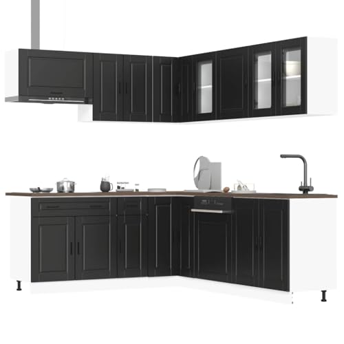 Qnhdfrt 11-teiliges Küchenschrank-Set Porto Schwarz aus Holzwerkstoff und Glas mit Elegantem Design, Viel Stauraum und Verstellbaren Füßen für Ihre Kücheneinrichtung von Qnhdfrt