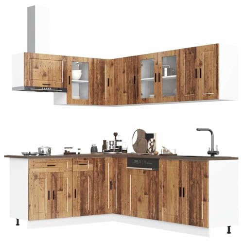 Qnhdfrt 11-teiliges Küchenschrank-Set Porto in Altholz-Optik aus Holzwerkstoff mit Glas, viel Stauraum für Küchengeräte, verstellbare Füße, für Küchenzeilen von Qnhdfrt