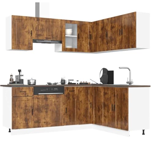 Qnhdfrt 11-teiliges Küchenschrank-Set Porto in Räuchereiche, Holzwerkstoff und Glas, Küchenzeile mit viel Stauraum und verstellbaren Füßen für Küchenorganisation von Qnhdfrt