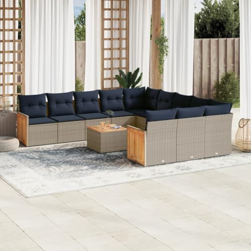 Qnhdfrt 12-Teiliges Gartensofa Set Grau Polyrattan mit Akazientisch 55x55 cm Modular Sitzgruppe Outdoor Balkon Garten Terrasse für kleine Balkone Lounge Gartenmöbel von Qnhdfrt