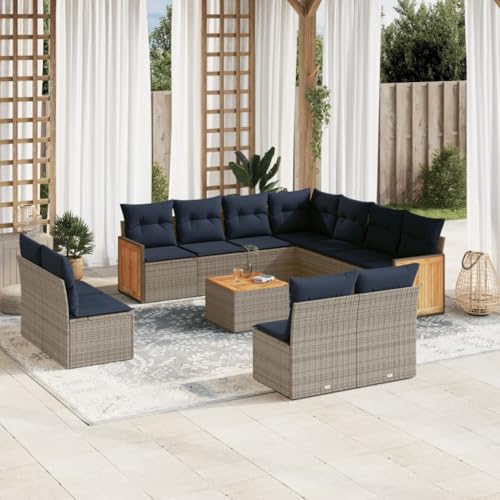Qnhdfrt 12-teiliges Gartensofa Set grau Polyrattan mit Akazientisch 110 kg belastbar modular Balkonmöbel Sitzgruppe Outdoor für Garten Terrasse Balkon von Qnhdfrt