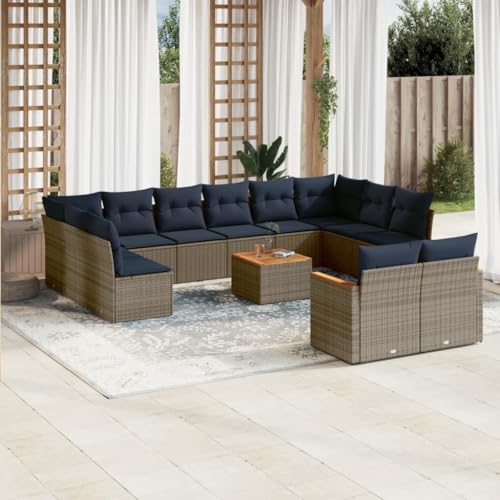 Qnhdfrt 13-Teiliges Gartenlounge Set Grau Polyrattan Ecksofa mit Akazientisch 55x55 cm Modernes Modular Design UV-beständig für Balkon Terrasse Garten von Qnhdfrt