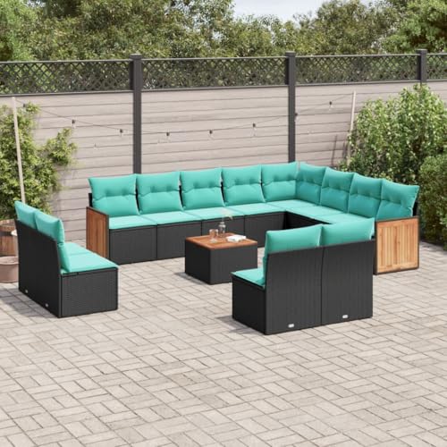 Qnhdfrt 13-Teiliges Gartensofa Set Schwarz Polyrattan mit Akazientisch 55x55 cm Modulare Outdoor Lounge Komfortable Sitzgruppe für Garten Balkon Terrasse von Qnhdfrt